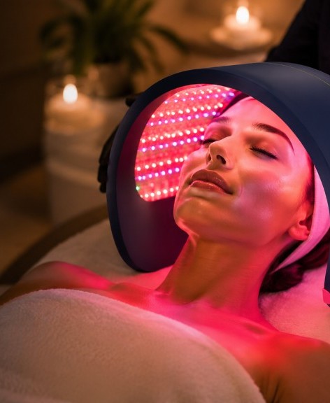 Client receiving Celluma LED red light therapy in a spa